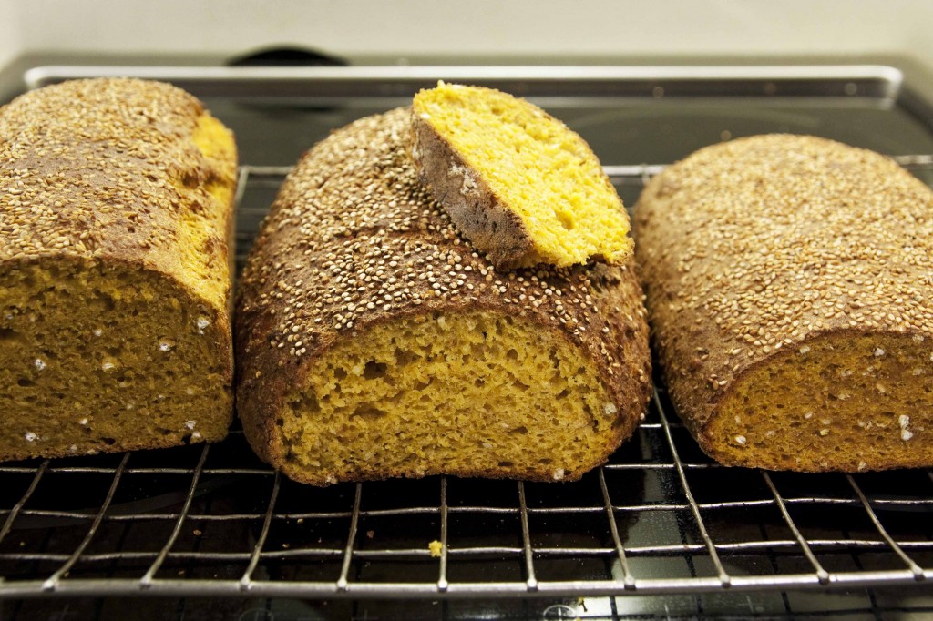 Gulrotbrød v1.0 (med egg) til venstre, v2.0 (uten egg med lecitin) i midten og gulrotbrød uten egg til høyre.